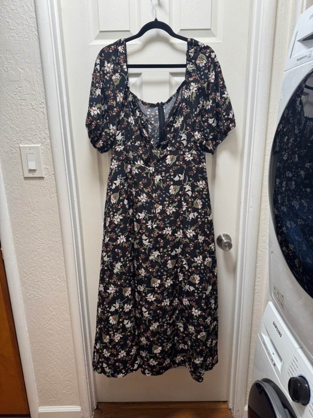 Black Floral Midi Dress with Puff Sleeves